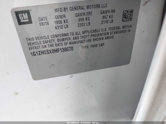 1G1ZH5SX8HF138670 Chevrolet ltg - sidi: spark ignited direct injection, vvt: variable valve timing, alum dohc, dcvcp turbo, e0-e100, alum