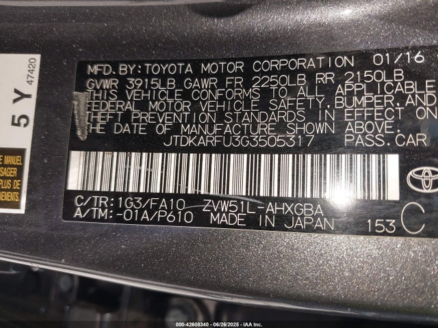 Toyota 2zr-fxe,1nm 2016 JTDKARFU3G3505317 Image 9