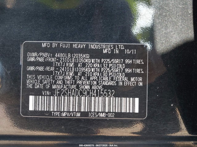 Aukcja sprzedaży 2012 Subaru Forester 2.5x Premium, vin: JF2SHADC9CH415532, numer aukcji: 42608378