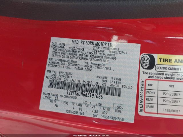 2006 FORD MUSTANG 1ZVFT80N665191086 Photo 8