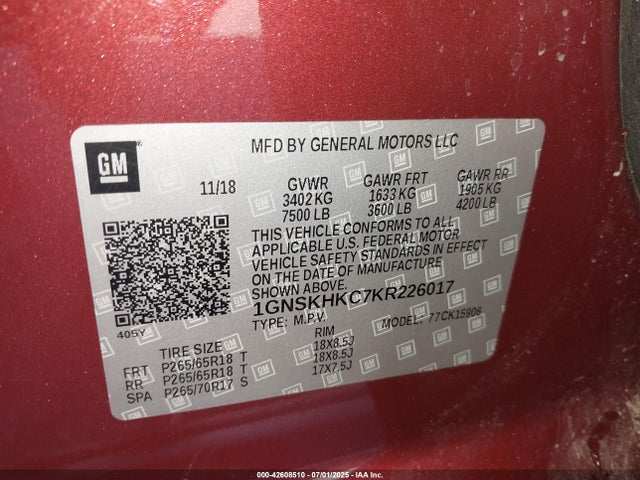 1GNSKHKC7KR226017 Chevrolet l83 - sidi: spark ignited direct injection, vvt: variable valve timing, afm, e85 max, alum