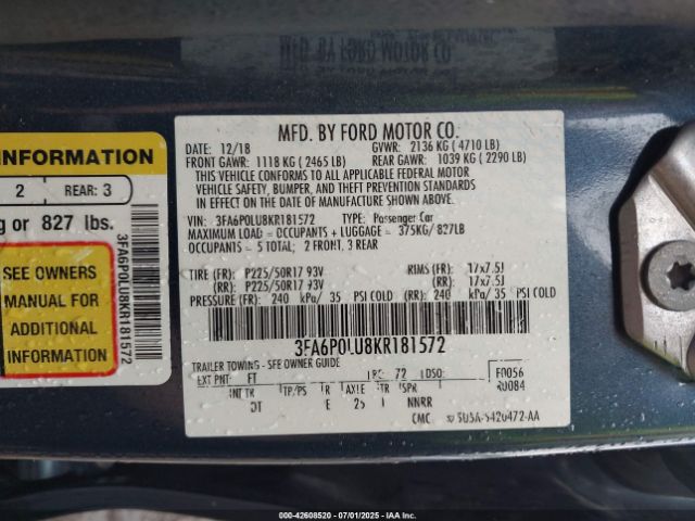 2019 FORD FUSION HYBRID 3FA6P0LU8KR181572 Photo 8
