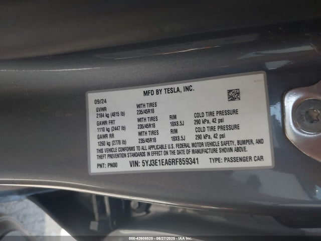 2024 Tesla Model 3 Long Range Dual Motor All-wheel Drive/rear-wheel Drive მანქანა იყიდება აუქციონზე, vin: 5YJ3E1EA6RF859341, აუქციონის ნომერი: 42608525