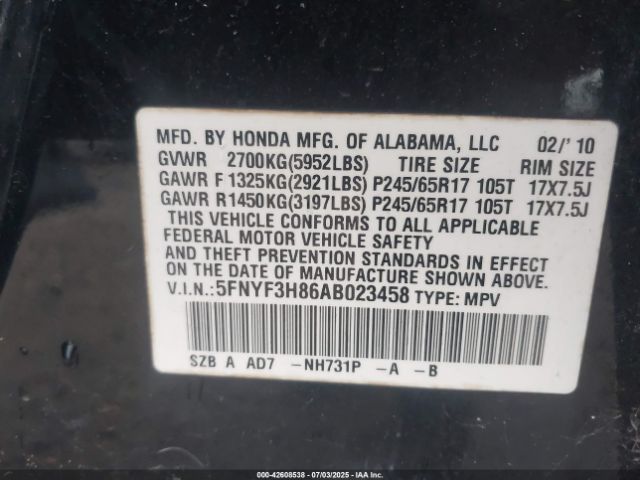 2010 HONDA PILOT 5FNYF3H86AB023458 Photo 8