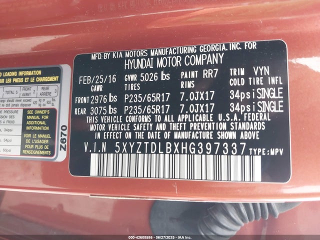 5XYZTDLBXHG397337 Hyundai gdi theta ii