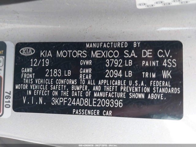 3KPF24AD8LE209396 KIA mpi nu