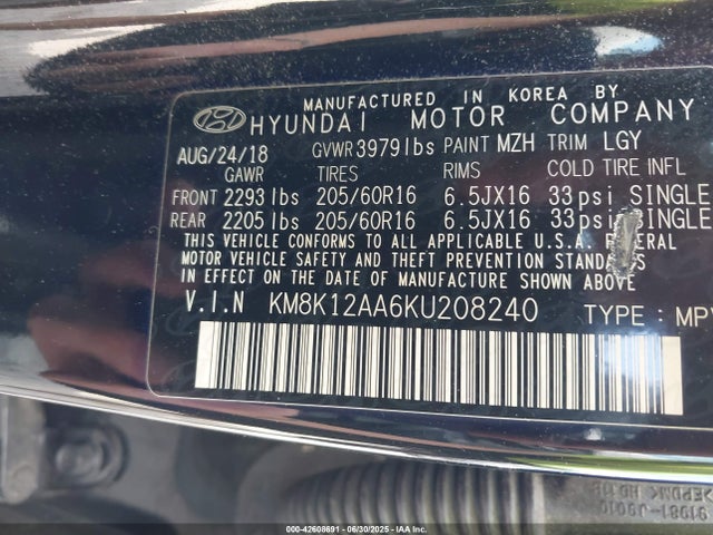 KM8K12AA6KU208240 Hyundai mpi nu