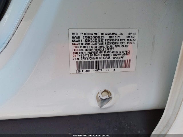 Honda j35z4 2015 5FNYF3H74FB013848 Image 9
