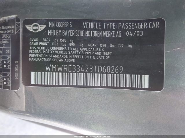 2003 MINI COOPER S WMWRE33423TD68269 Photo 8