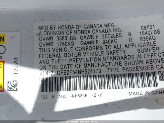 Honda k20c2 2022 2HGFE2F54NH524170 Image 9