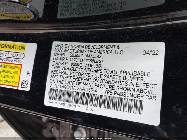 1HGCV1F33NA046544 Honda l15be