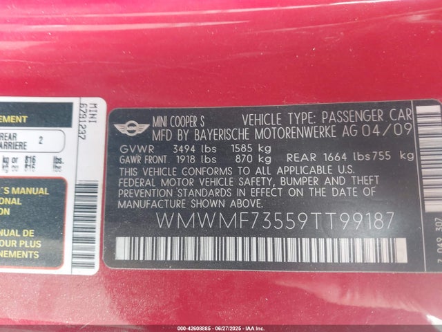 2009 MINI COOPER S WMWMF73559TT99187 Photo 8