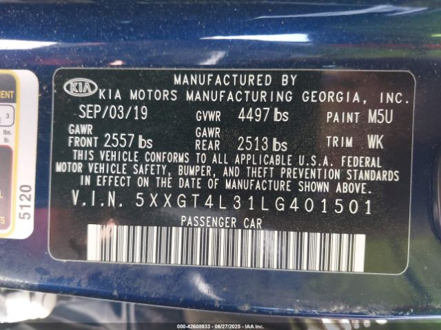 2020 KIA OPTIMA 5XXGT4L31LG401501 Photo 8