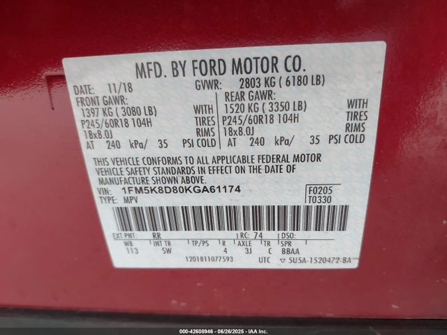 1FM5K8D80KGA61174 Ford 3.5l ti-vct