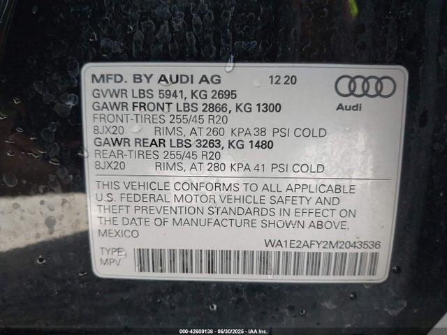 42609138 :رقم المزاد ، WA1E2AFY2M2043536 vin ، 2021 Audi Q5 Premium Plus 55 Tfsi E Quattro S Tronic مزاد بيع
