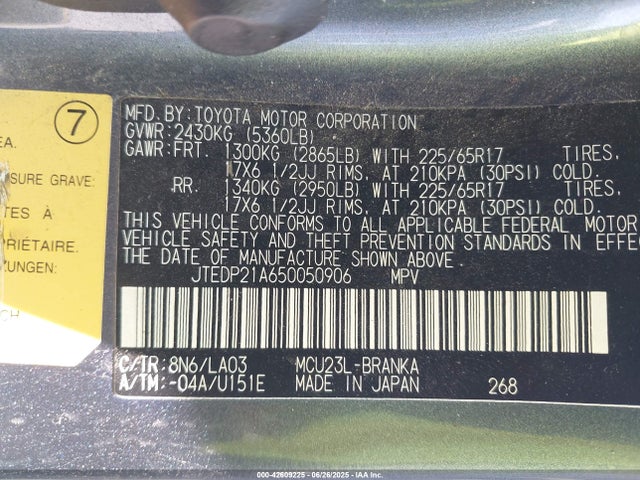 Продажа на аукционе авто 2005 Toyota Highlander Limited V6, vin: JTEDP21A650050906, номер лота: 42609225