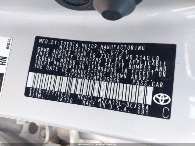 2021 TOYOTA COROLLA 5YFS4MCE6MP096966 Photo 8