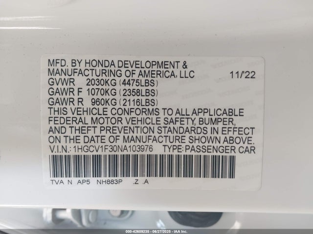 1HGCV1F30NA103976 Honda l15be