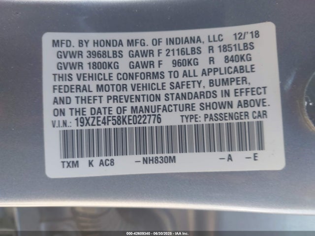 19XZE4F58KE022776 Honda leb6