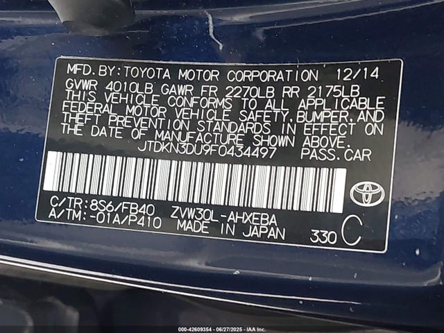 JTDKN3DU9F0434497 Toyota 2zr-fxe+3jm