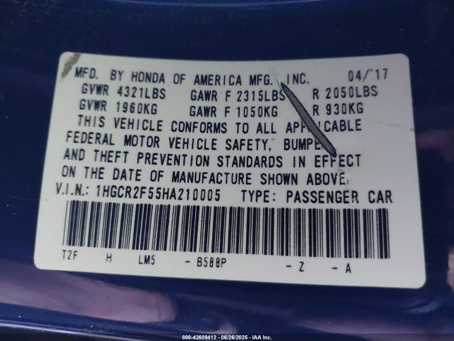 1HGCR2F55HA210005 Honda k24w1