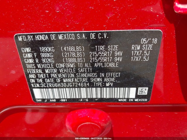 3CZRU6H30JG724694 Honda r18z9