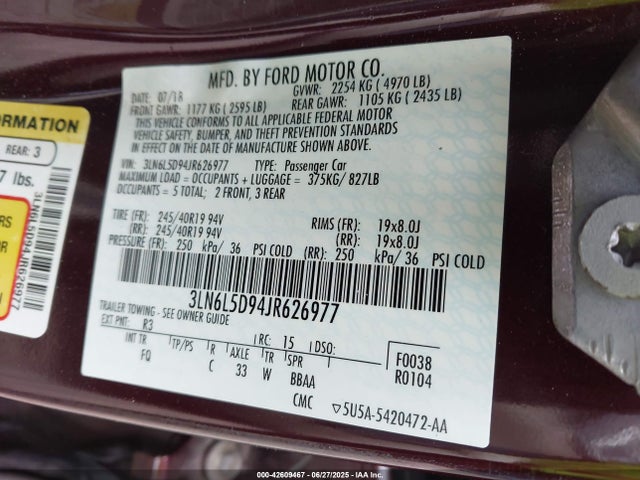 3LN6L5D94JR626977 Lincoln 2.0l gtdi high w/premium fuel