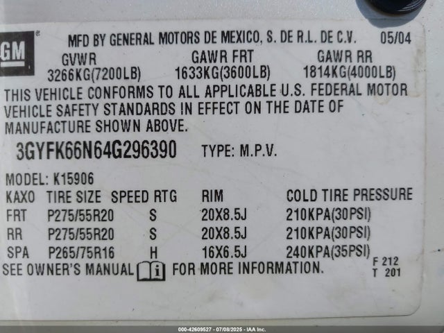 2004 CADILLAC ESCALADE ESV 3GYFK66N64G296390 Photo 8