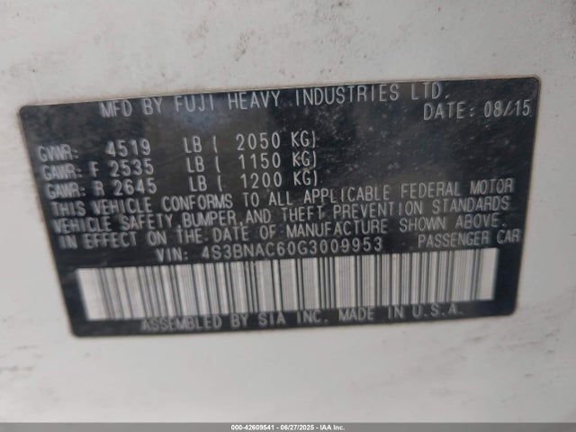 4S3BNAC60G3009953 Subaru 2.5l u5
