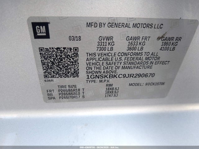 1GNSKBKC9JR290670 Chevrolet l83 - spark ignited direct injection, variable valve timing, afm, e85 max, alum