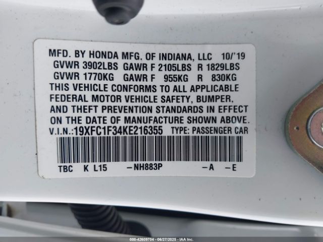 2019 HONDA CIVIC 19XFC1F34KE216355 Photo 8