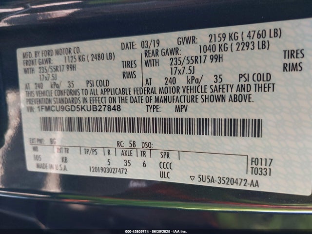 1FMCU9GD5KUB27848 Ford 1.5l gtdi sigma w/premium fuel
