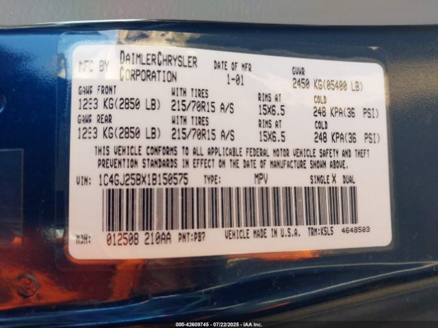 2001 CHRYSLER VOYAGER 1C4GJ25BX1B150575 Photo 8