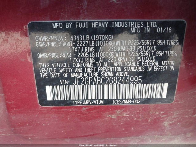 Subaru naturally aspirated 2016 JF2GPABC2G8244995 Image 9