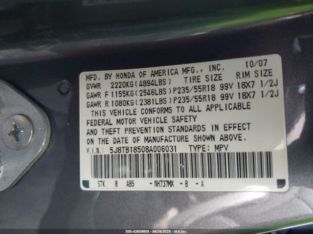 2008 ACURA RDX 5J8TB18508A006031 Photo 8