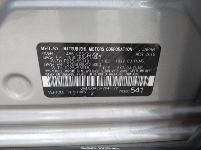 2019 MITSUBISHI OUTLANDER JA4AD3A38KZ046672 Photo 8