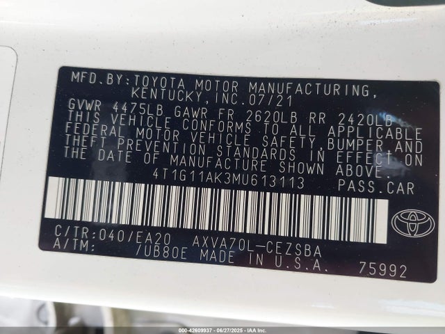 4T1G11AK3MU613113 Toyota a25a-fks