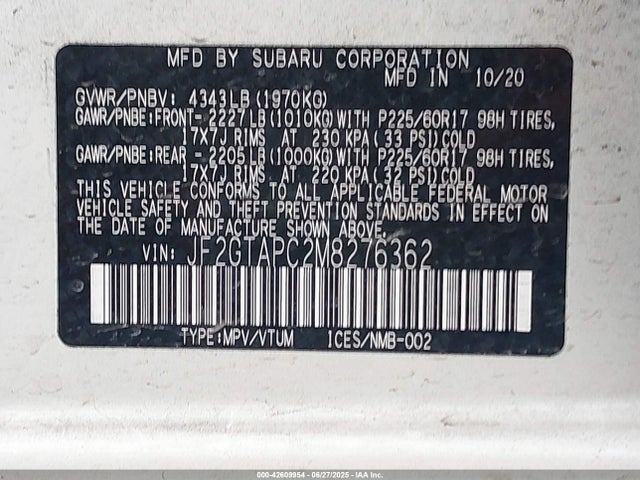 Subaru na 2021 JF2GTAPC2M8276362 Image 9