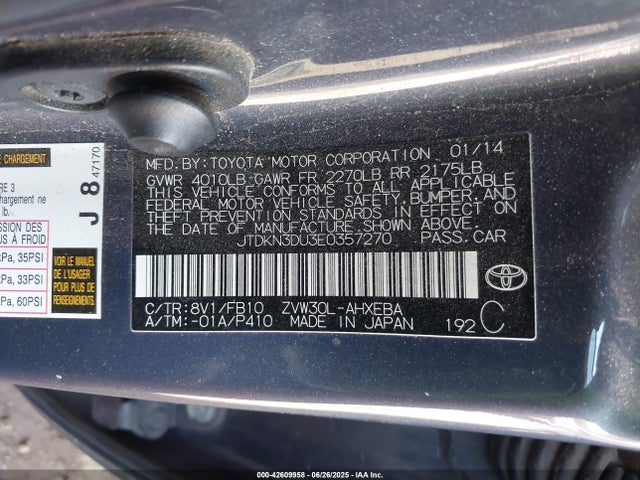 JTDKN3DU3E0357270 Toyota 2zr-fxe+3jm