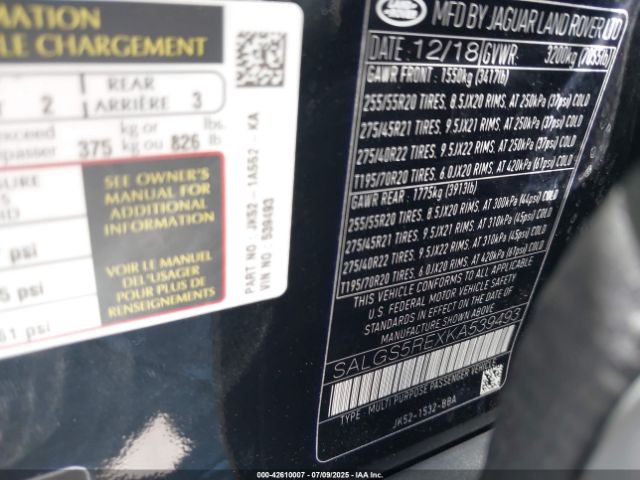 2019 LAND ROVER RANGE ROVER SALGS5REXKA539493 Photo 8