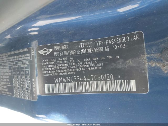 2004 MINI COOPER WMWRC33444TC50120 Photo 8