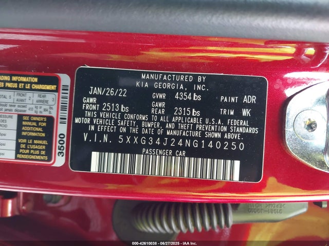 5XXG34J24NG140250 KIA t-gdi gamma ii