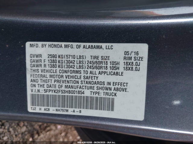 5FPYK2F53HB001854 Honda Ridgeline Rtl