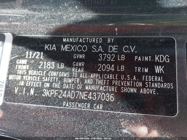3KPF24AD7NE437036 KIA mpi nu