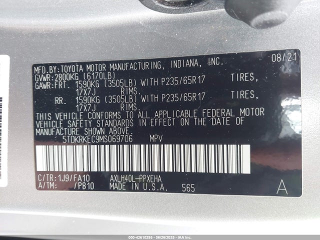Toyota a25a-fxs, 5nm 2021 5TDKRKEC9MS069706 Image 9