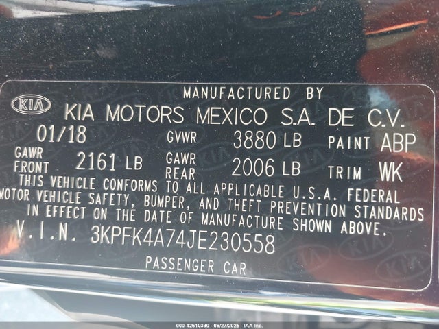 3KPFK4A74JE230558 KIA mpi nu