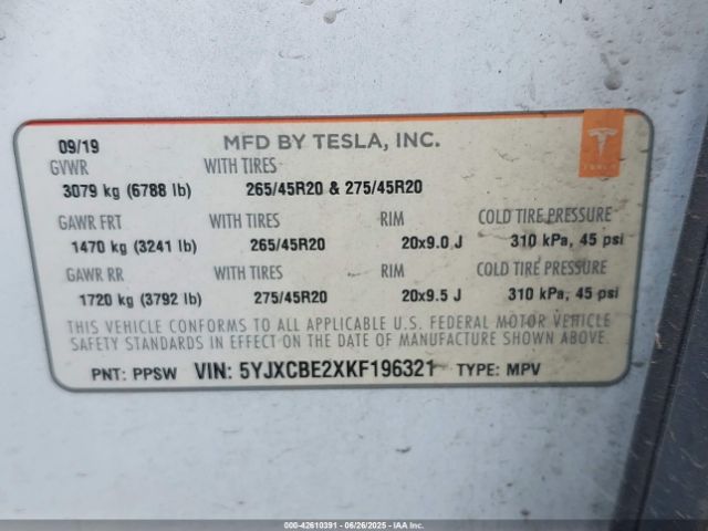 2019 TESLA MODEL X 5YJXCBE2XKF196321 Photo 8