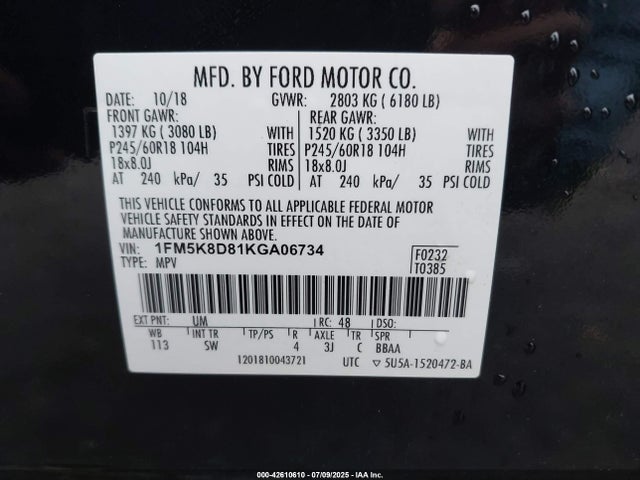 1FM5K8D81KGA06734 Ford 3.5l ti-vct
