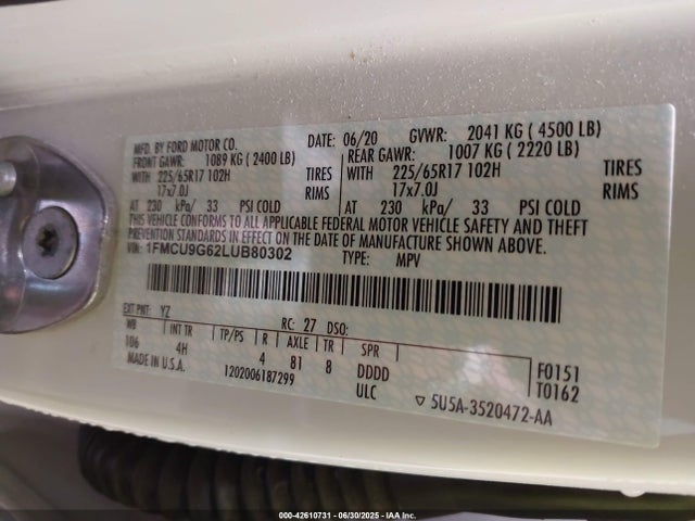 1FMCU9G62LUB80302 Ford 2020