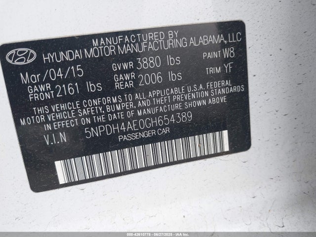 Hyundai dohc mpi nu 2016 5NPDH4AE0GH654389 Image 9
